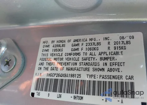 2009 Honda Accord 2.4 Lx-P from USA, damaged, VIN 1HGCP264X9A198125